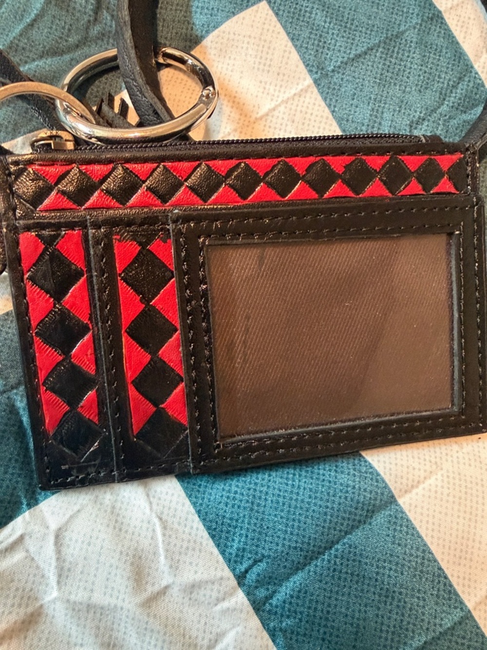 Black and Red Diamond Pattern Leather Card ID Holder Keychain